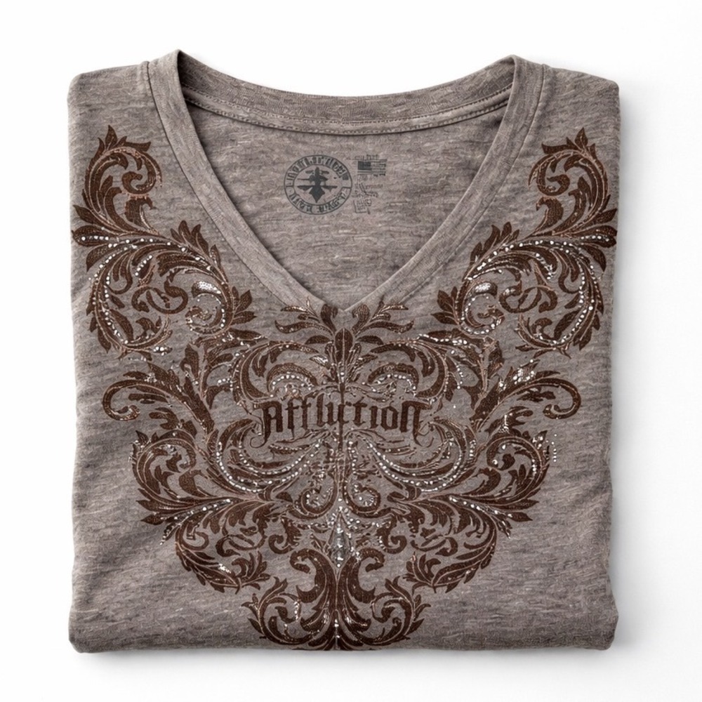 Affliction Flourish Top High Low Raw Hem Women's Large‎ Sand Printed Studs /m2